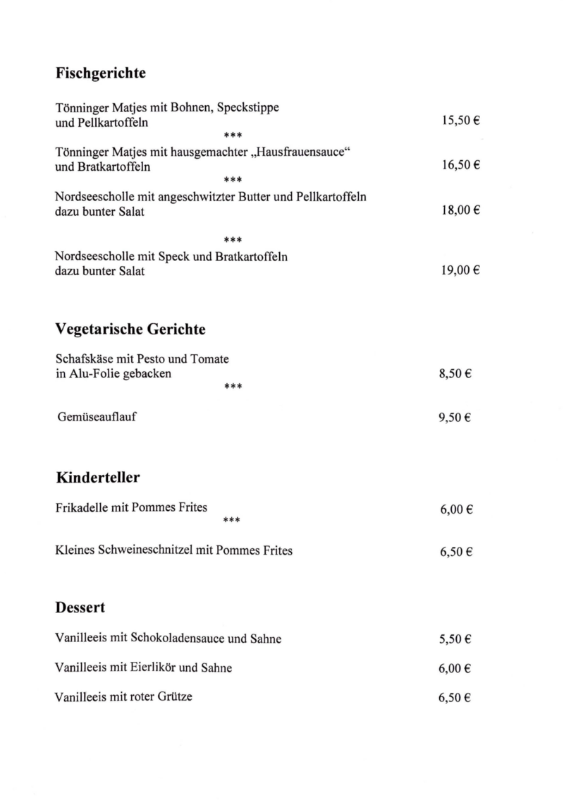 Vorspeisen, Salate, Hauptgerichte und Dessert