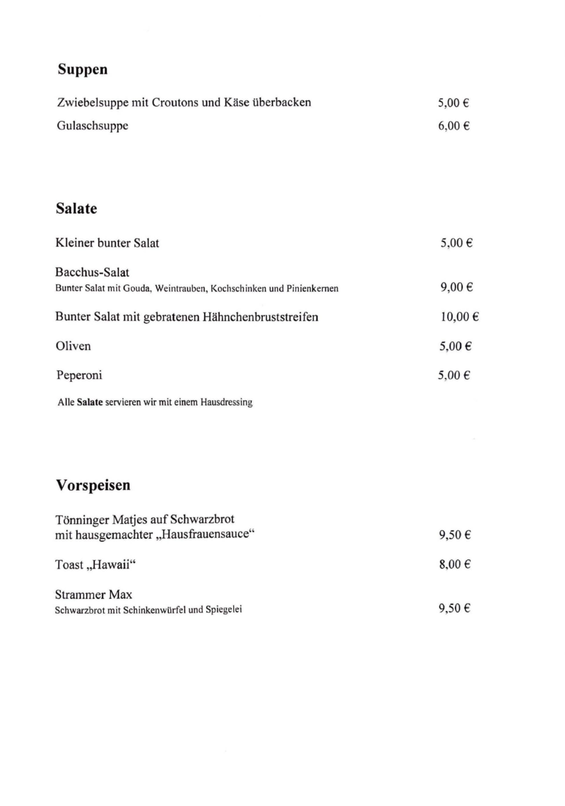 Vorspeisen, Salate, Hauptgerichte und Dessert